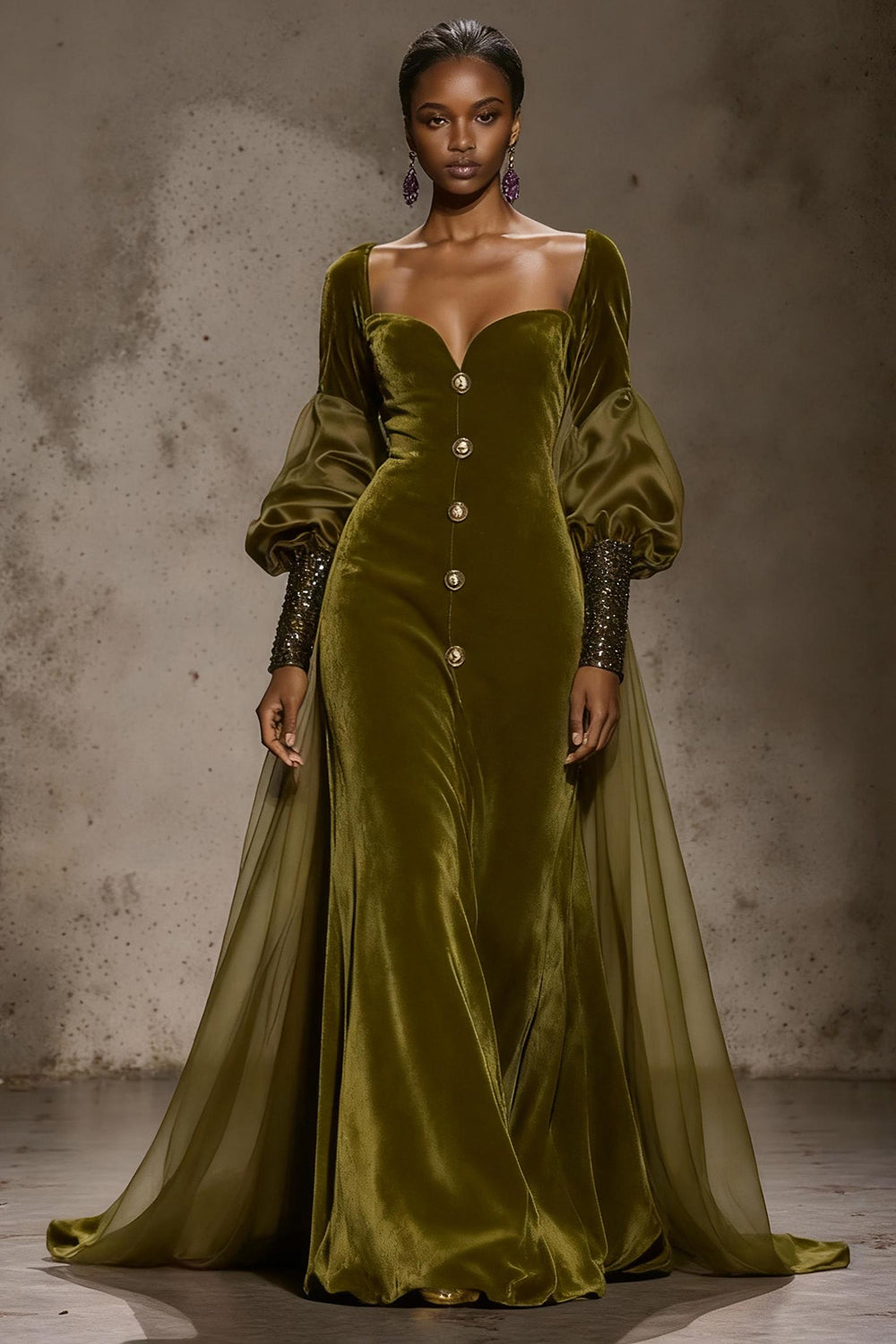 Burgundy Velvet Long Sleeve Evening Dress with Overlay