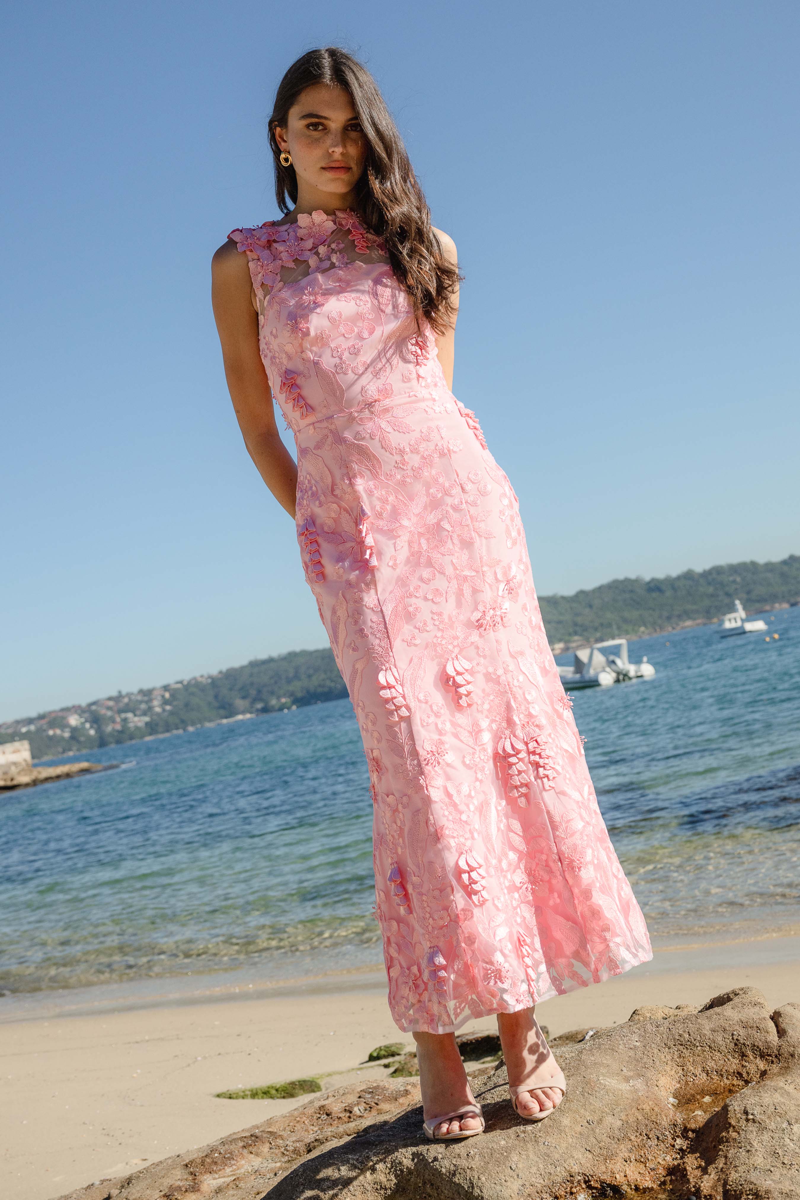 Monique Floral Applique Midi Dress in Pink