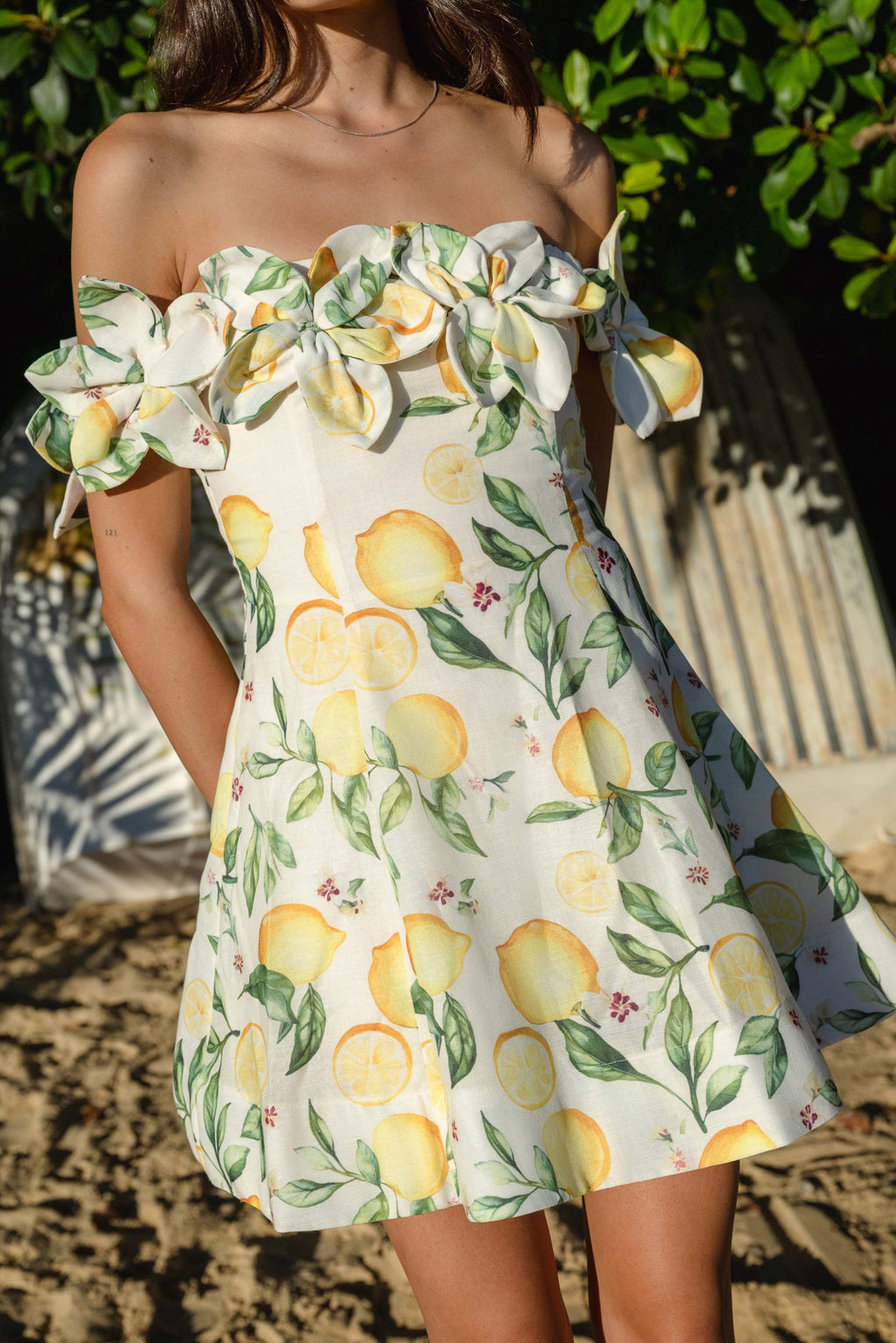 Hana Off Shoulder Mini Dress in Lemon Print
