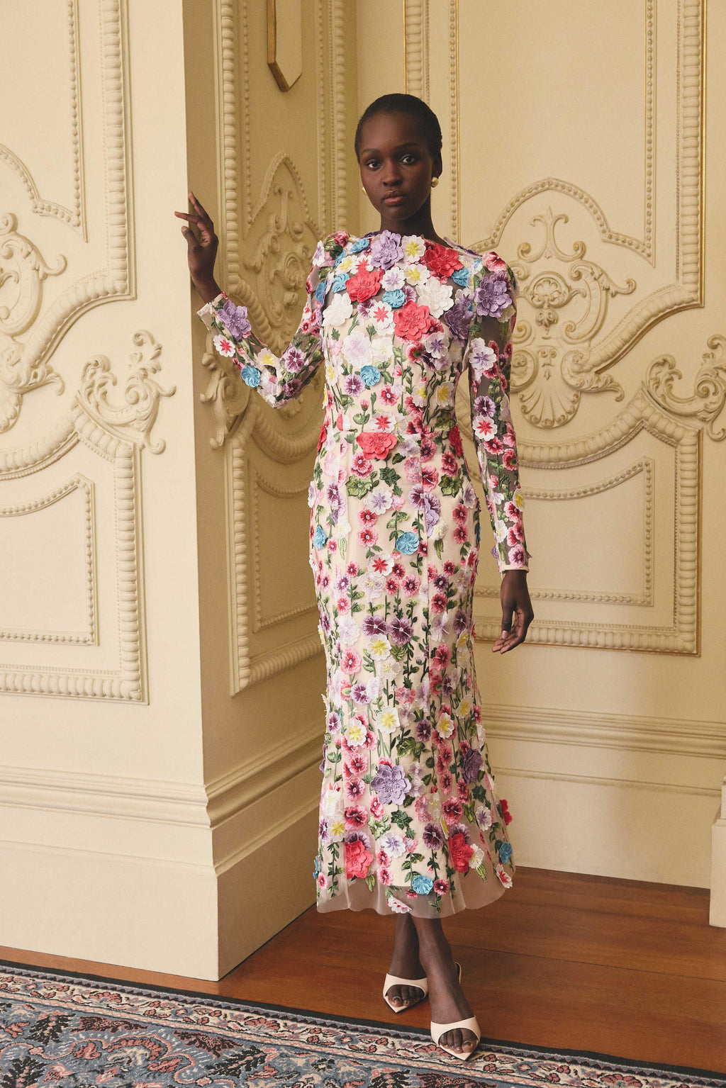 Rosette Long Sleeve Midi Dress in Multi Floral