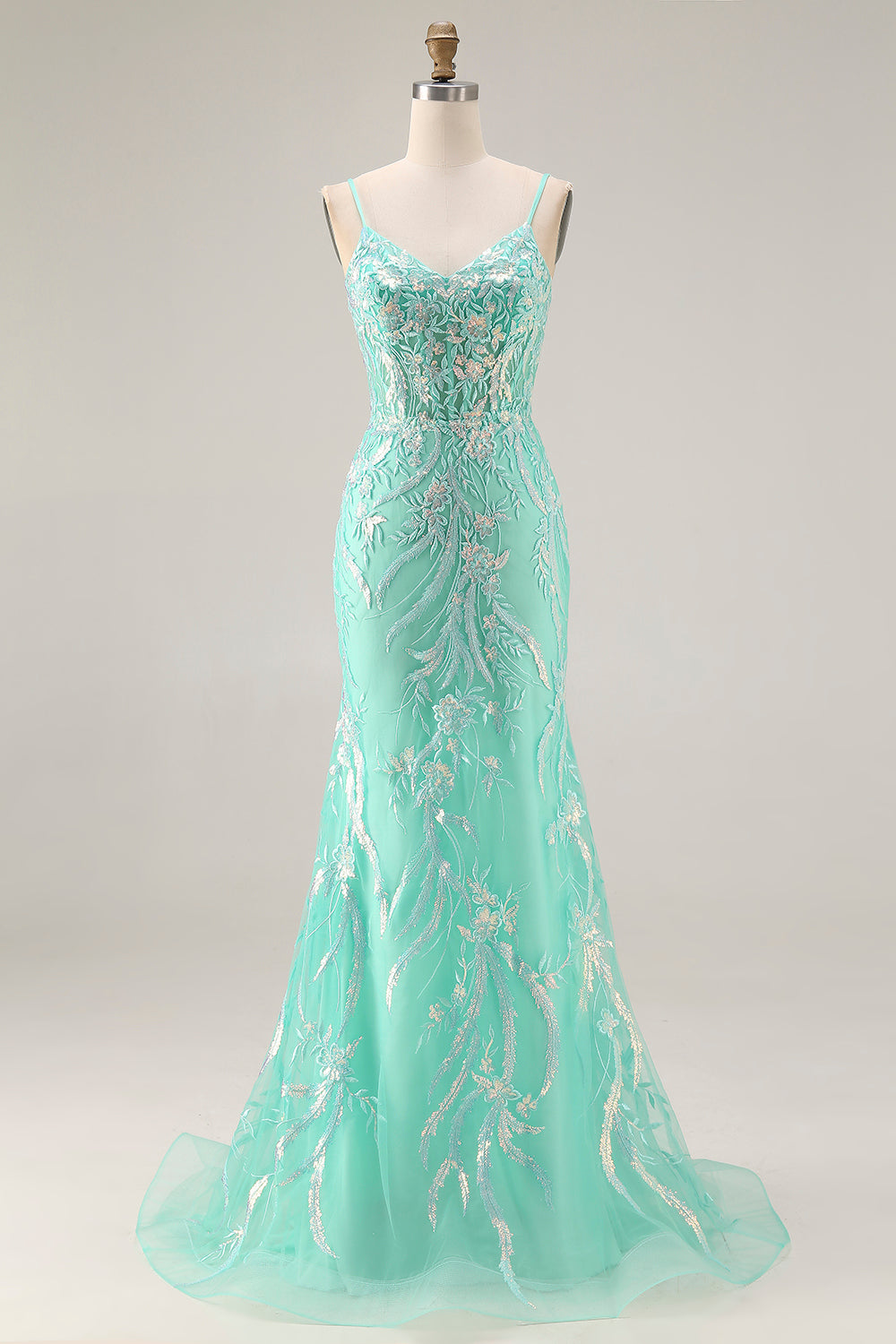 Sparkly Mint Green Mermaid Maxi Prom Dress with Appliques