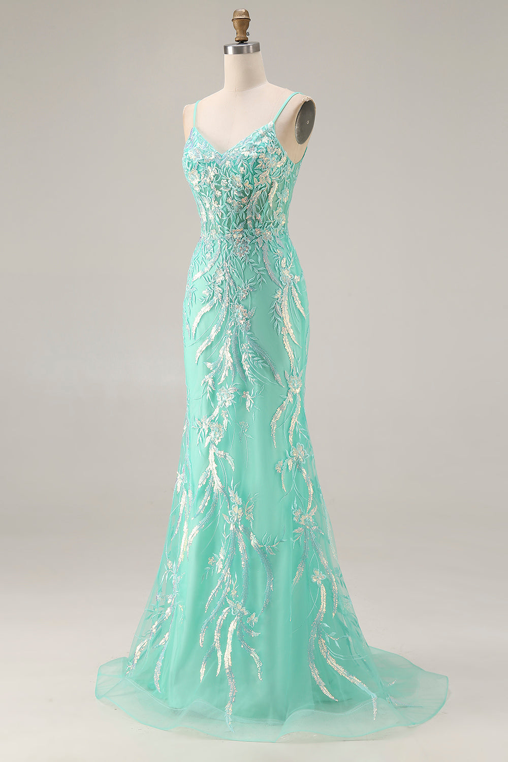 Sparkly Mint Green Mermaid Maxi Prom Dress with Appliques
