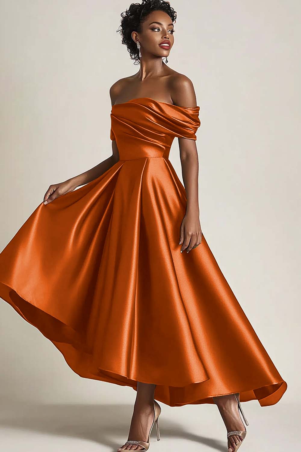 Off the Shoulder A Line Tea Length Satin Olive Mother of the Bride Dress