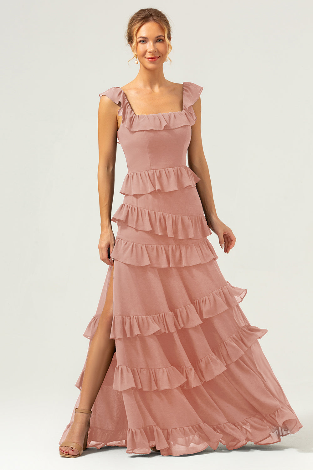 Dark Navy A Line Tiered Chiffon Maxi Bridesmaid Dress