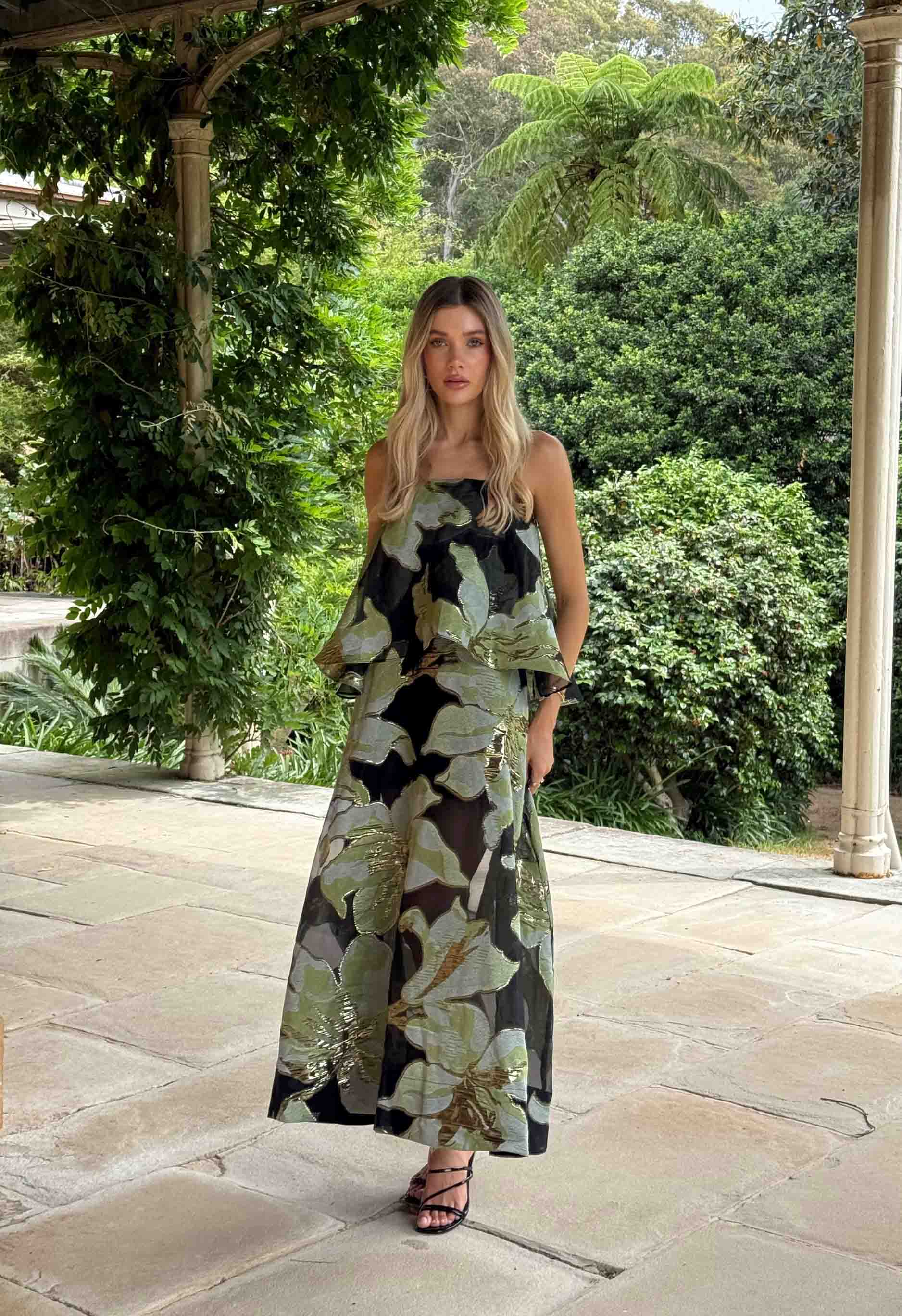 Elysia Tiered Gown in Black & Green Floral