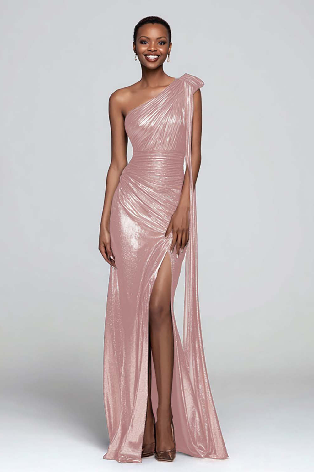 Metallic Ruched Brown One Shoulder Maxi Dress With Slit