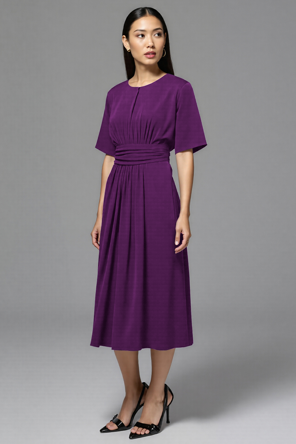 Navy A Line Round Neck Midi Work Dress