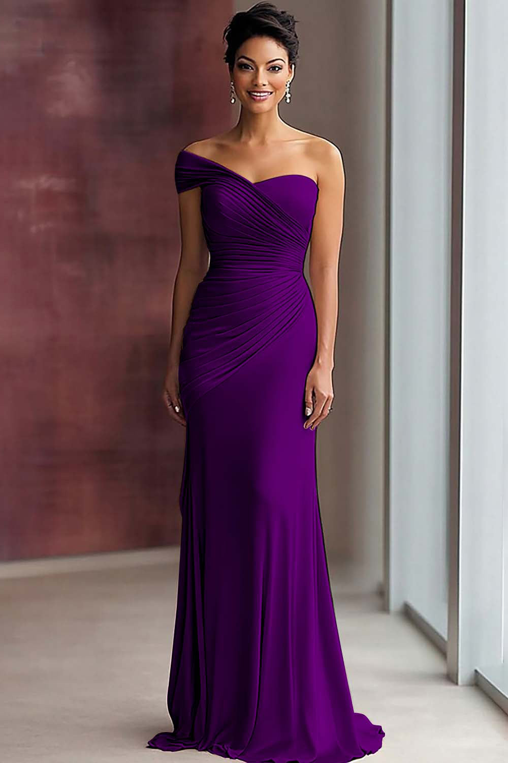 One Shoulder Light Khaki Sheath Pleated Formal Dress