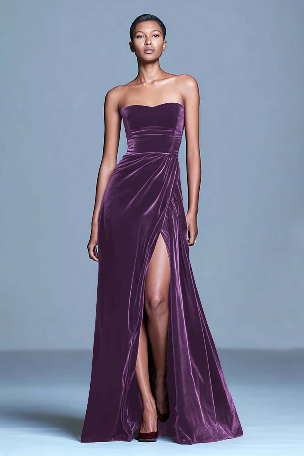 Burgundy Strapless Velvet A Line Formal Dress with Slit