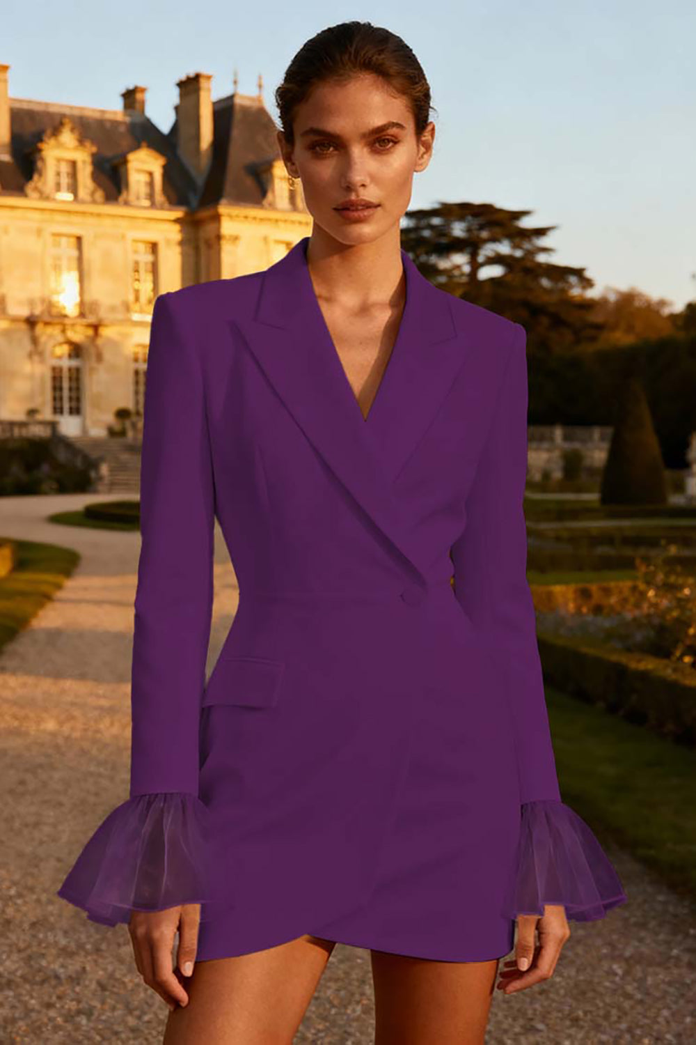 White Peak Lapel Work Dress with Long Sleeves