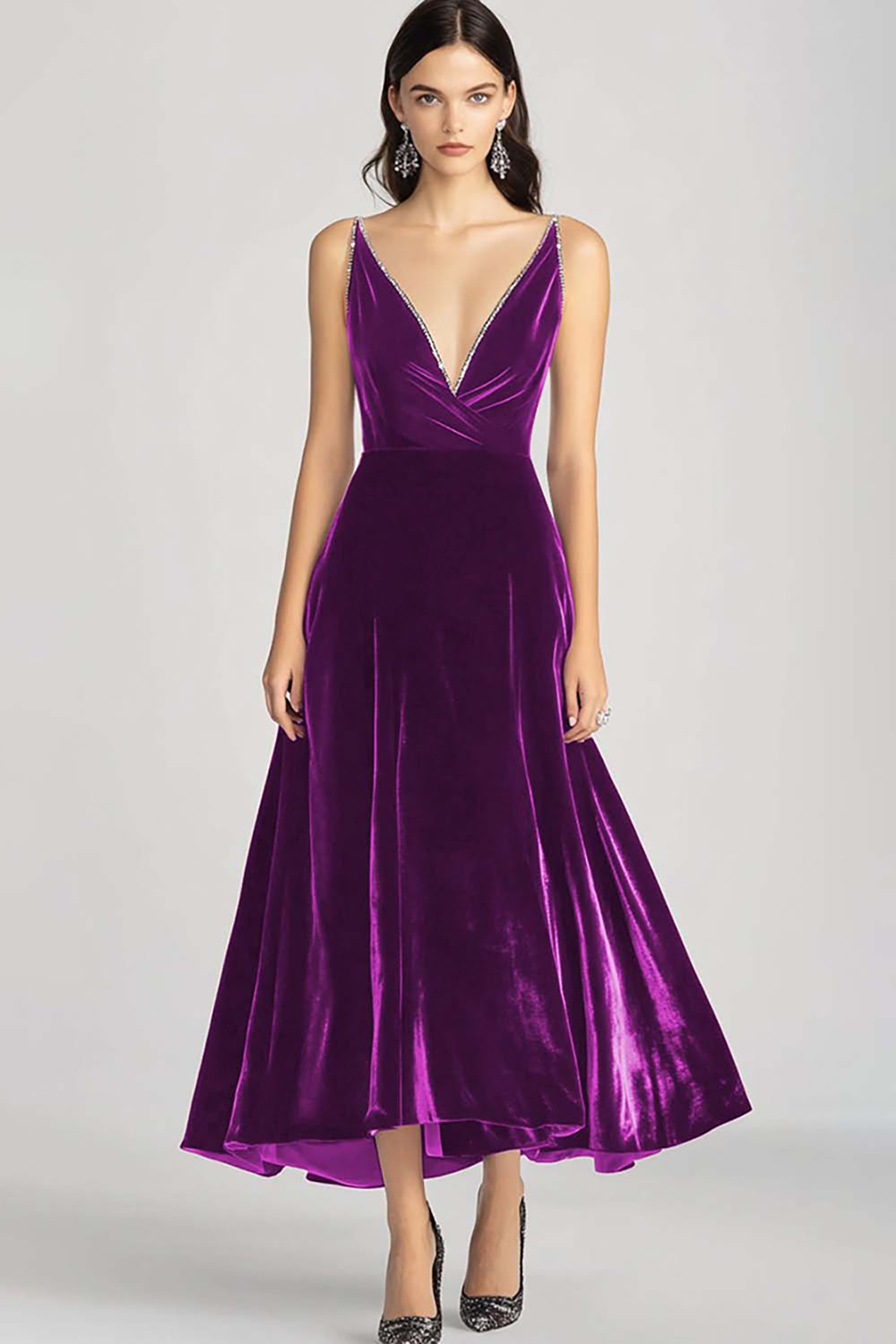 Velvet Beaded V Neck Tea-Length Burgundy Formal Dress