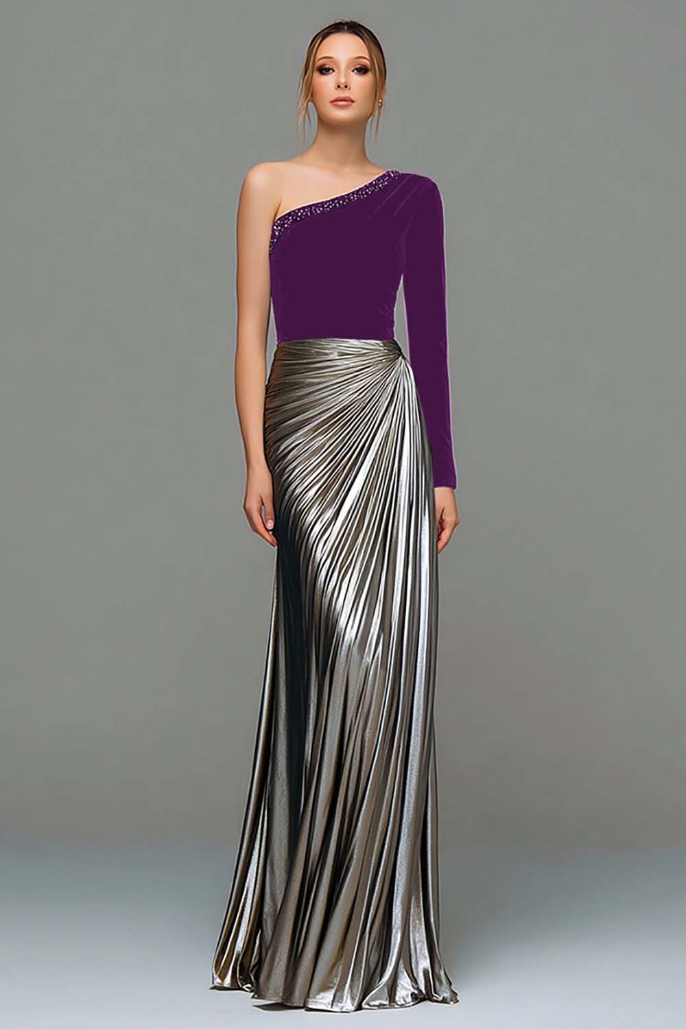 Black and Grey Asymmetrical Neck Ruched Formal Dress
