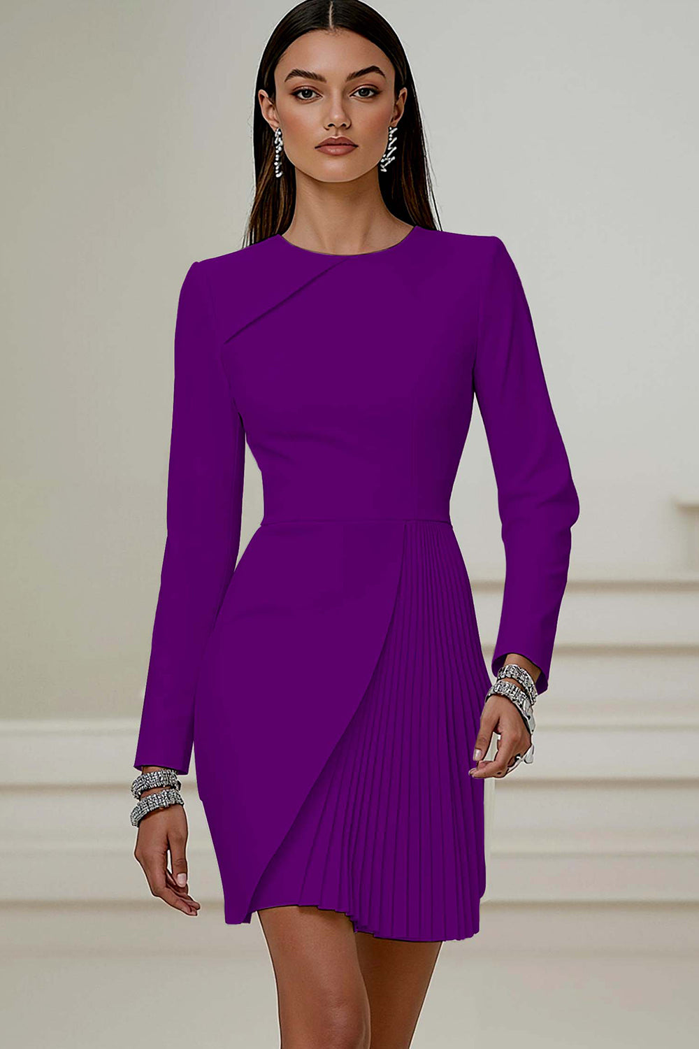 Pencil Pleated Ivory Work Dress With Long Sleeves