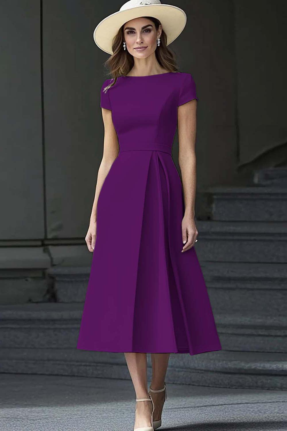 Yellow A Line Round Neck Midi Mother of the Bride Dress