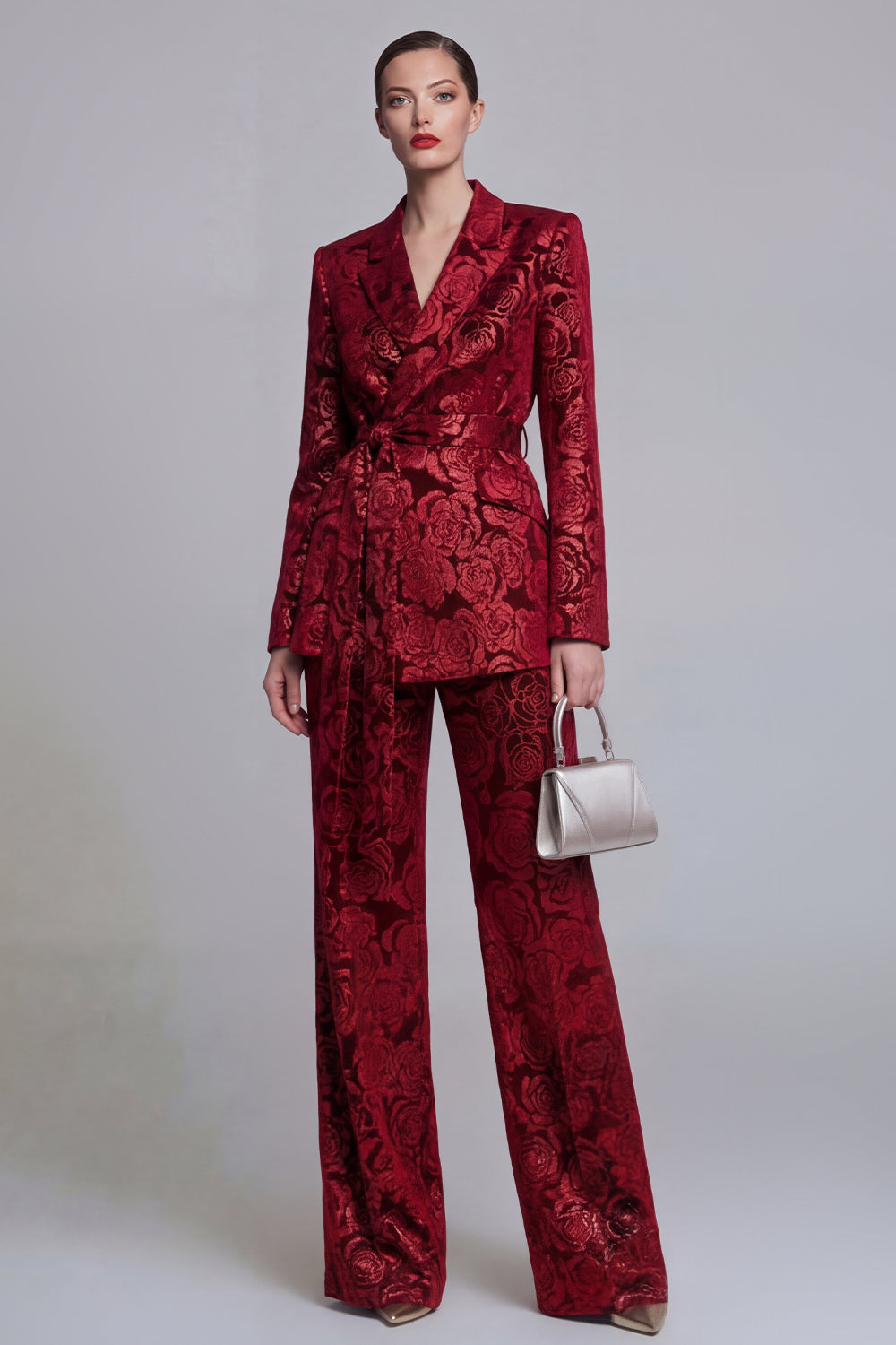 Jacquard Dark Green Notched Lapel 2 Piece Women Suits with Belt