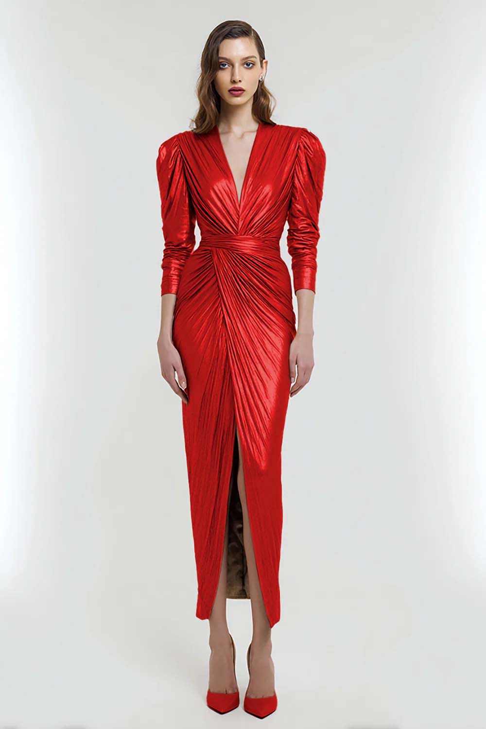 Sheath V-Neck Ruched Light Gold Formal Dress With Slit