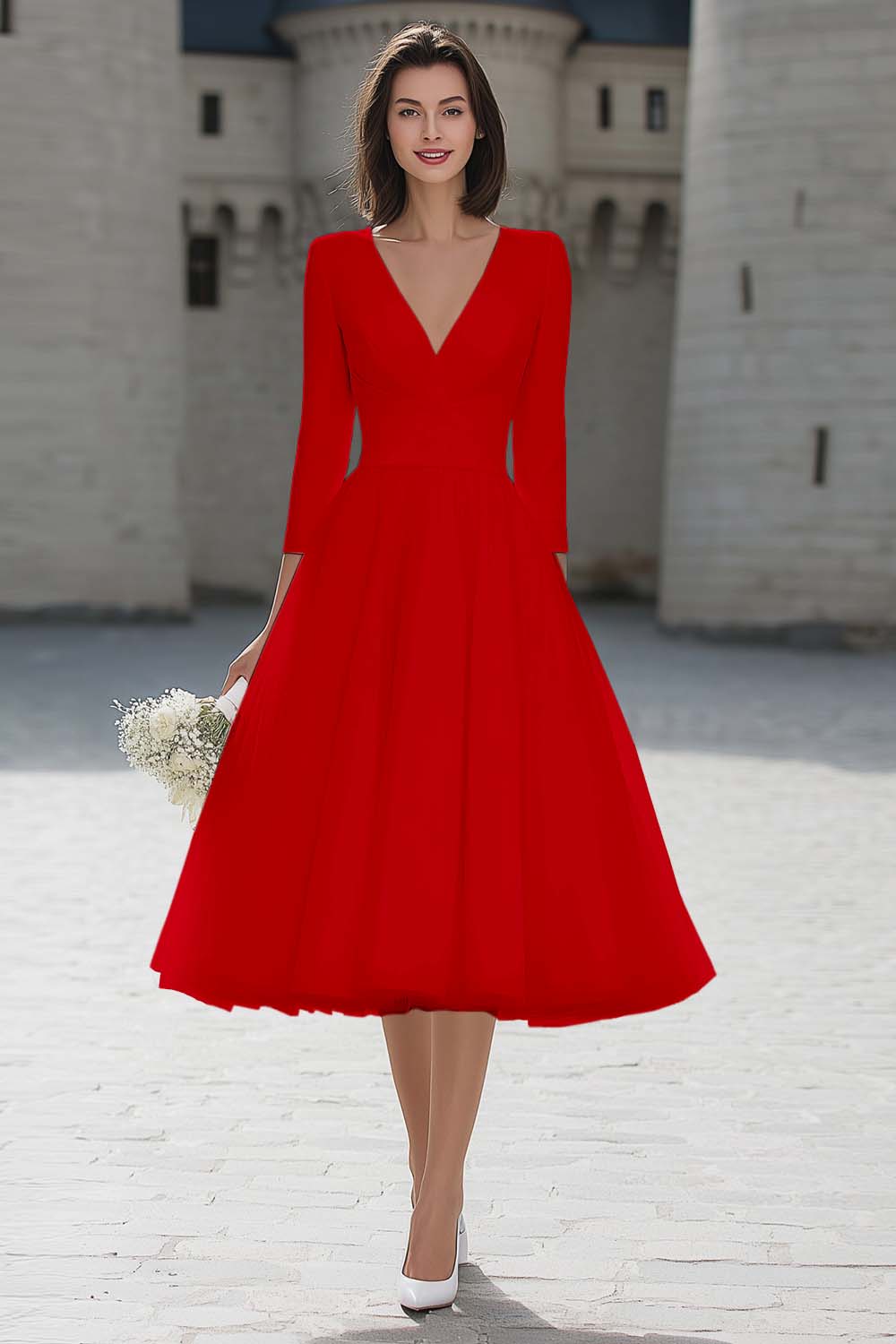 Ivory V-Neck A-Line Satin Engagement Dress With 3/4 Sleeves