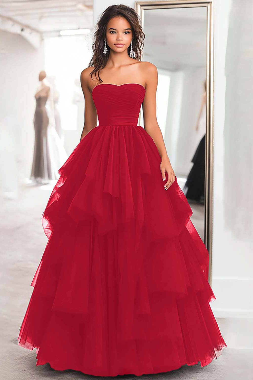 Princess Black Strapless Tulle Tiered Ruched Long Prom Dress