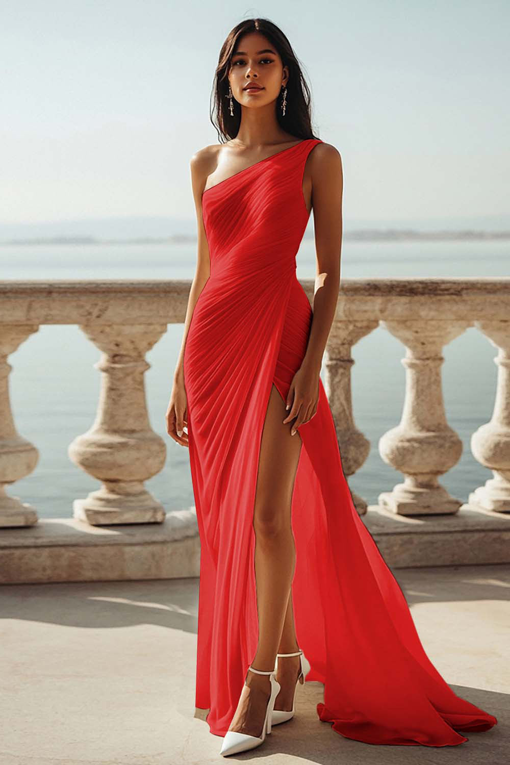 One Shoulder Ivory Ruched Engagement Dress with Slit