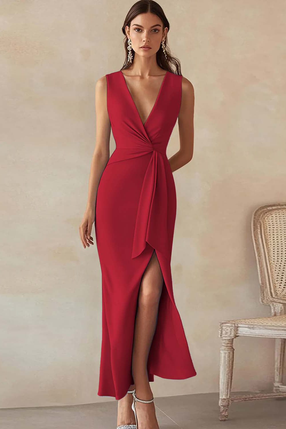 Blue Sheath V-Neck Formal Dress with Slit
