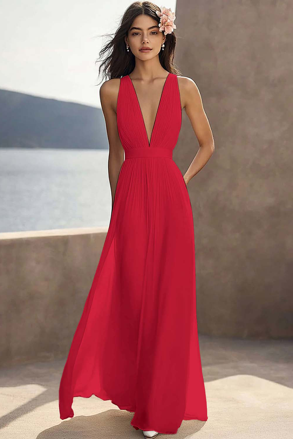 A Line Ivory V-Neck Long Engagement Dress