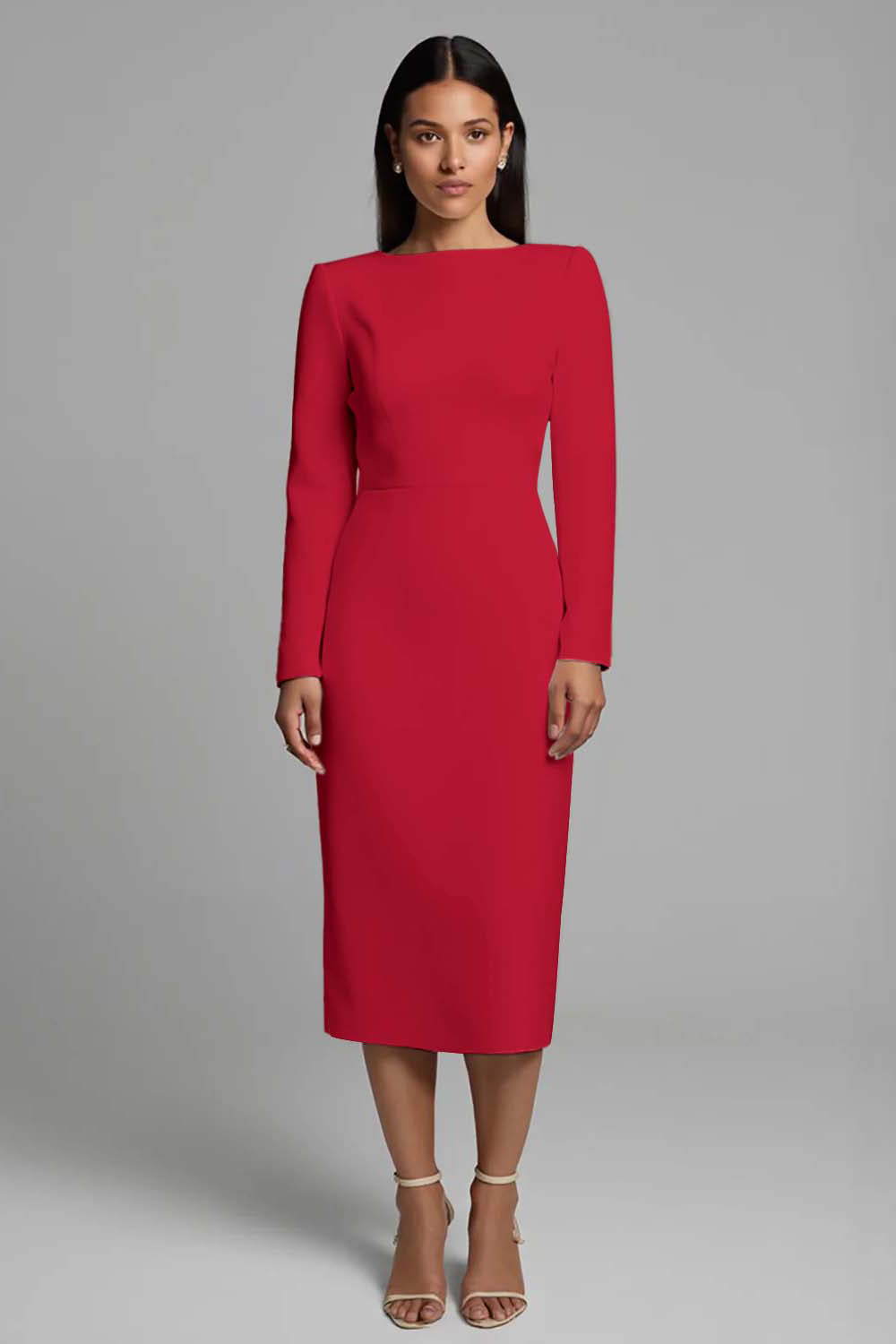 Ivory Sheath Long Sleeve Midi Work Dress with Slit
