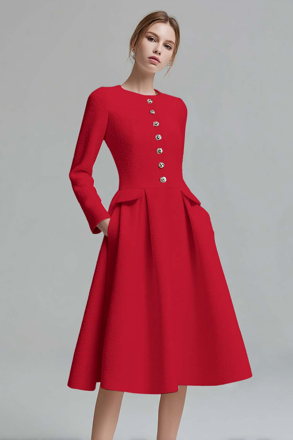 Ivory A-Line Midi Work Dress with Long Sleeves
