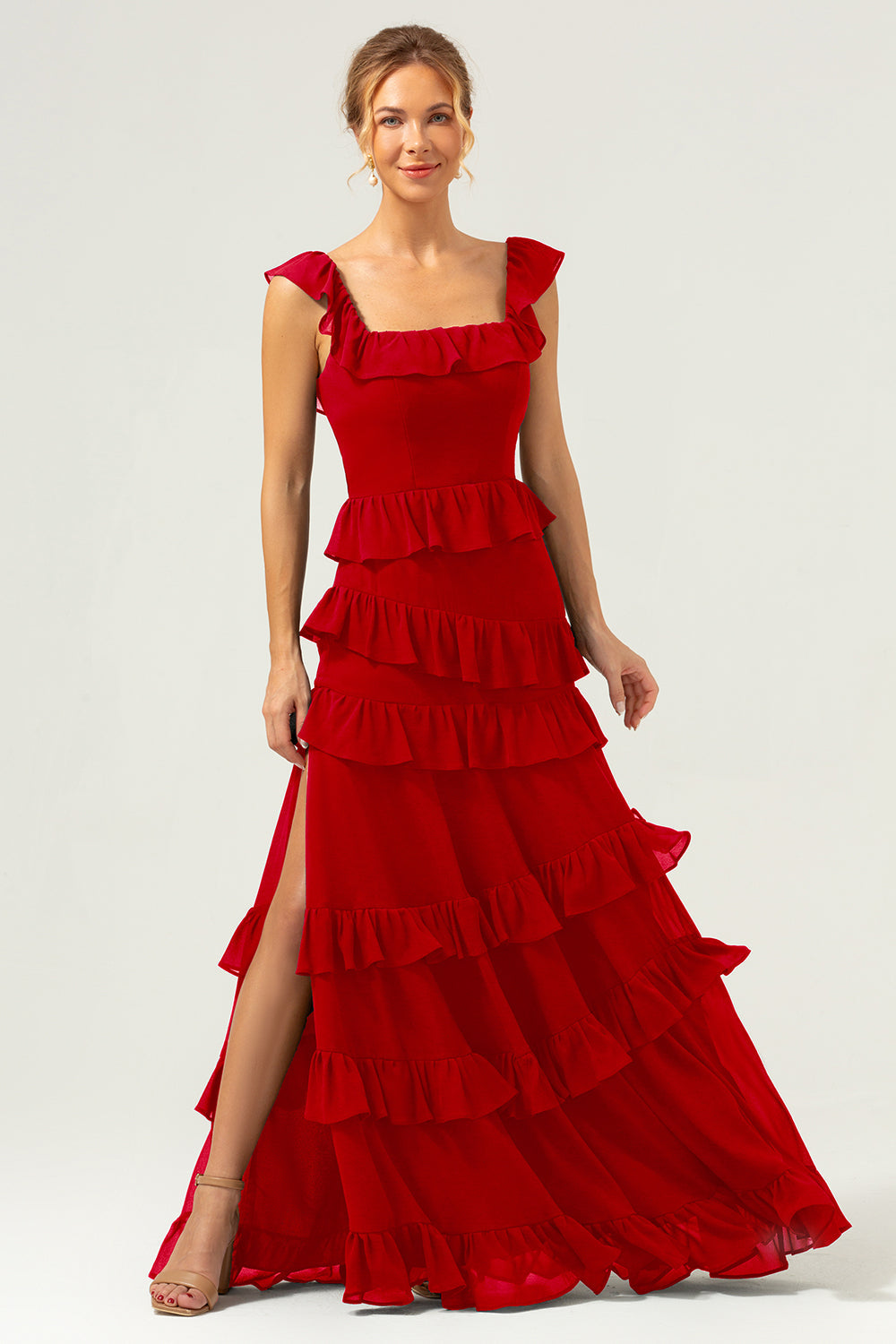 Dark Navy A Line Tiered Chiffon Maxi Bridesmaid Dress