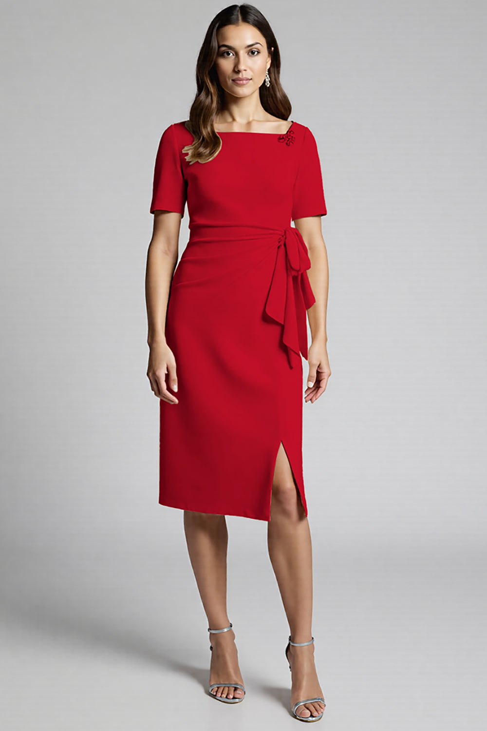 Ruffled Champagne Sheath Midi Dress with Slit