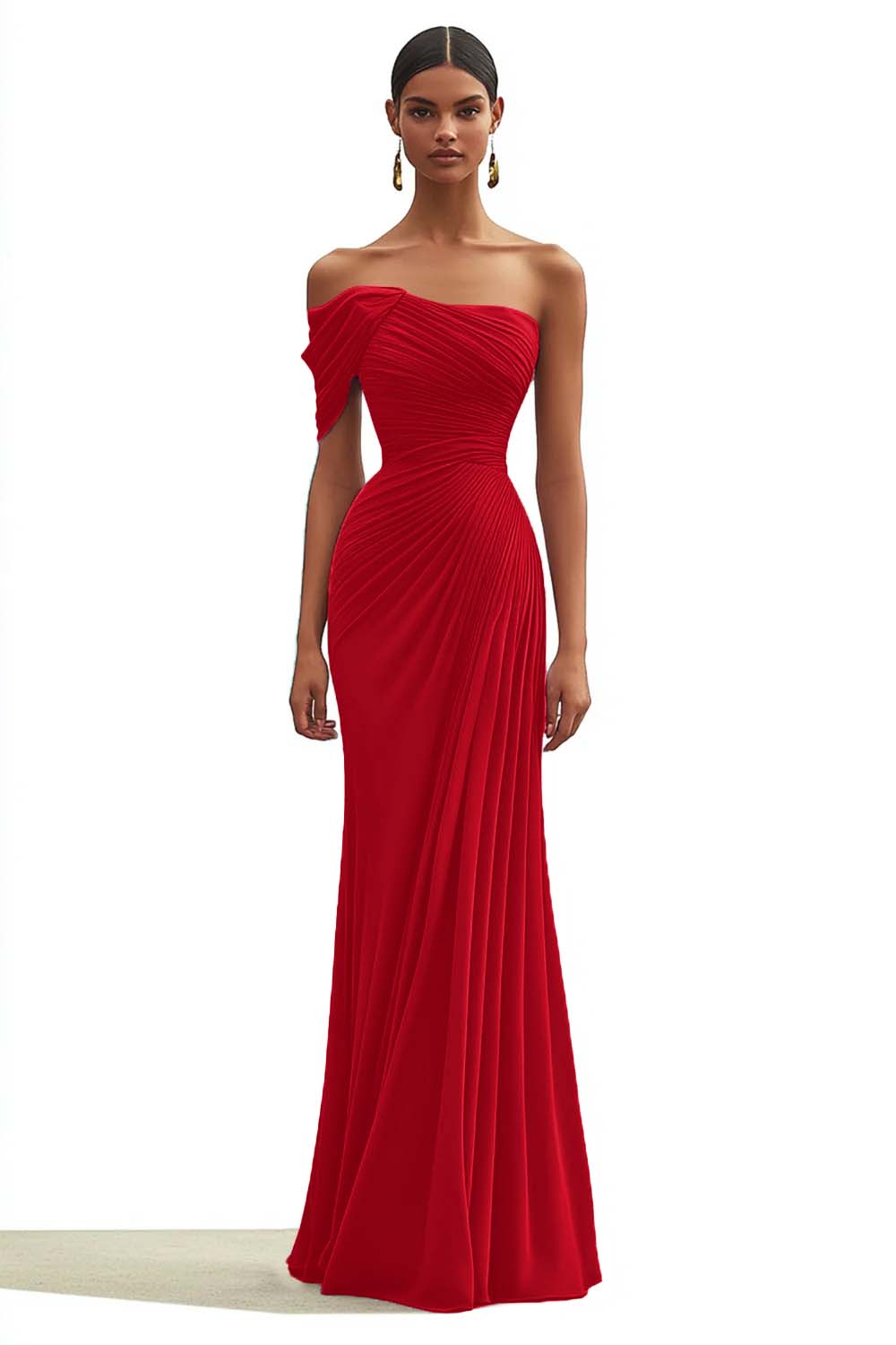 Dark Green One Shoulder Sheath Pleated Long Formal Dress