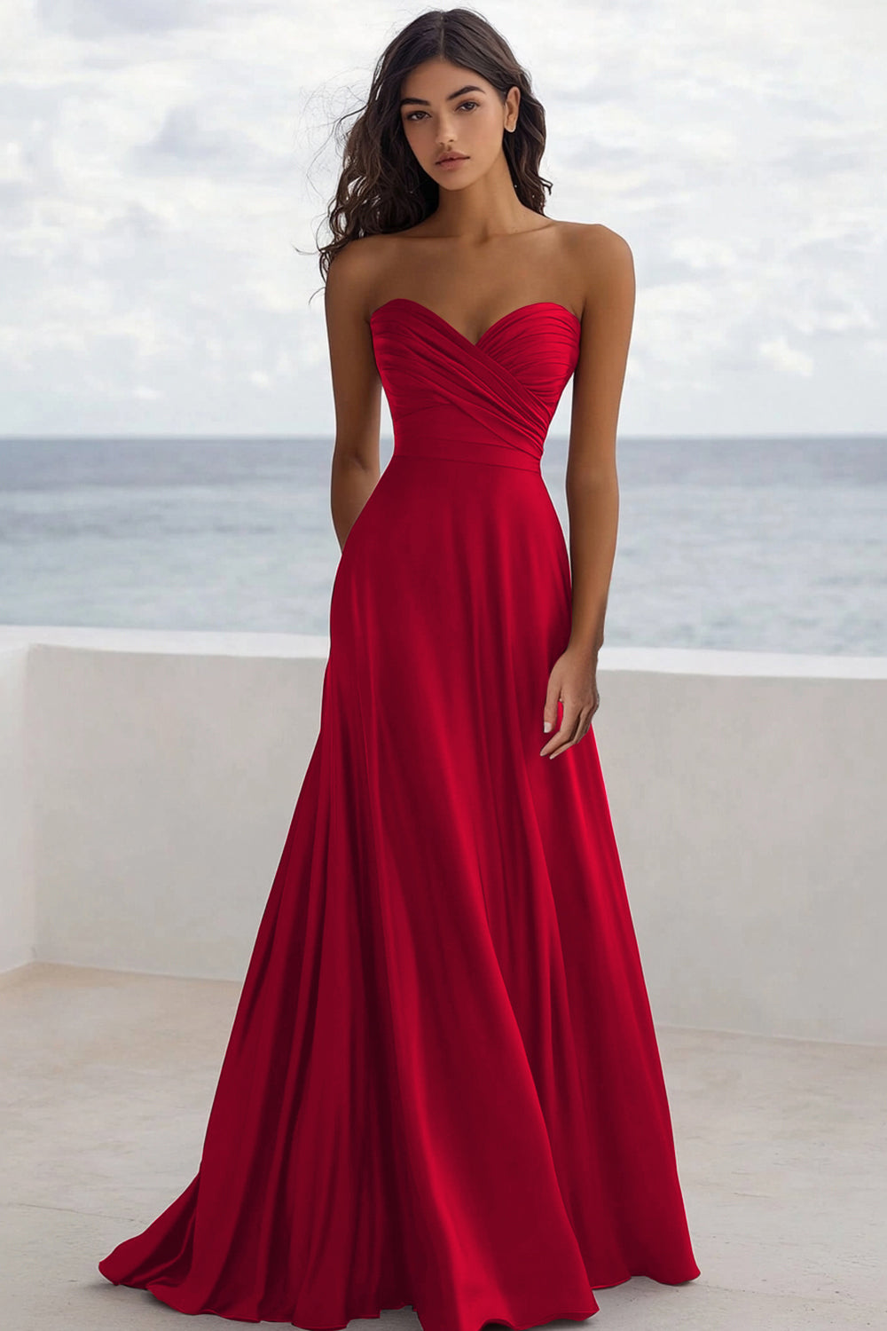 Strapless Burgundy A Line Ruched Formal Dress