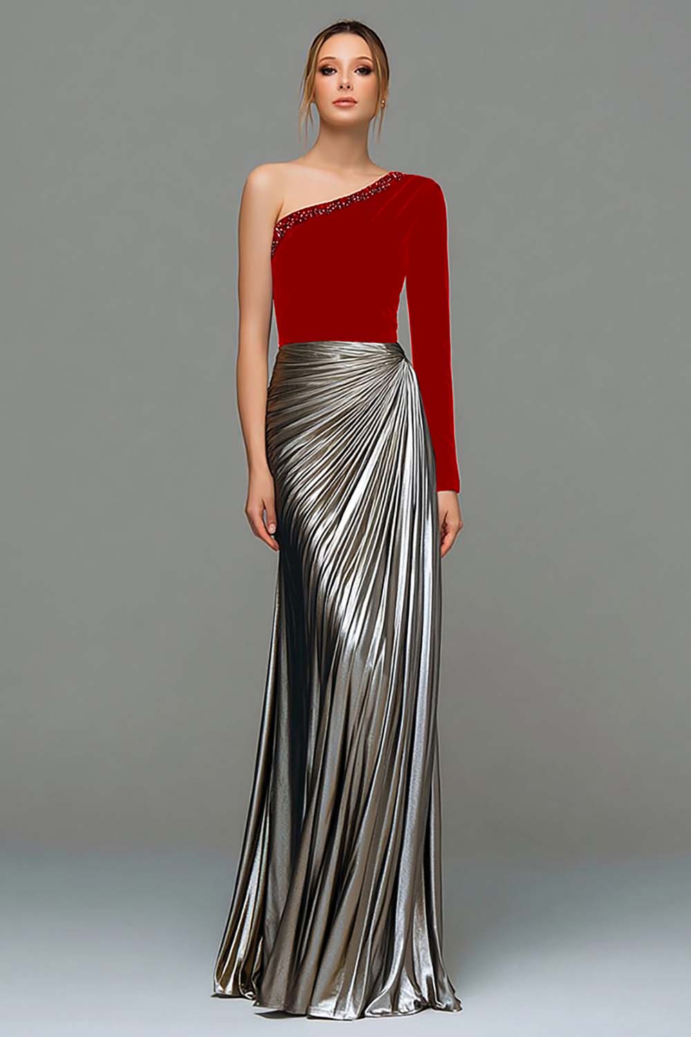Black and Grey Asymmetrical Neck Ruched Formal Dress