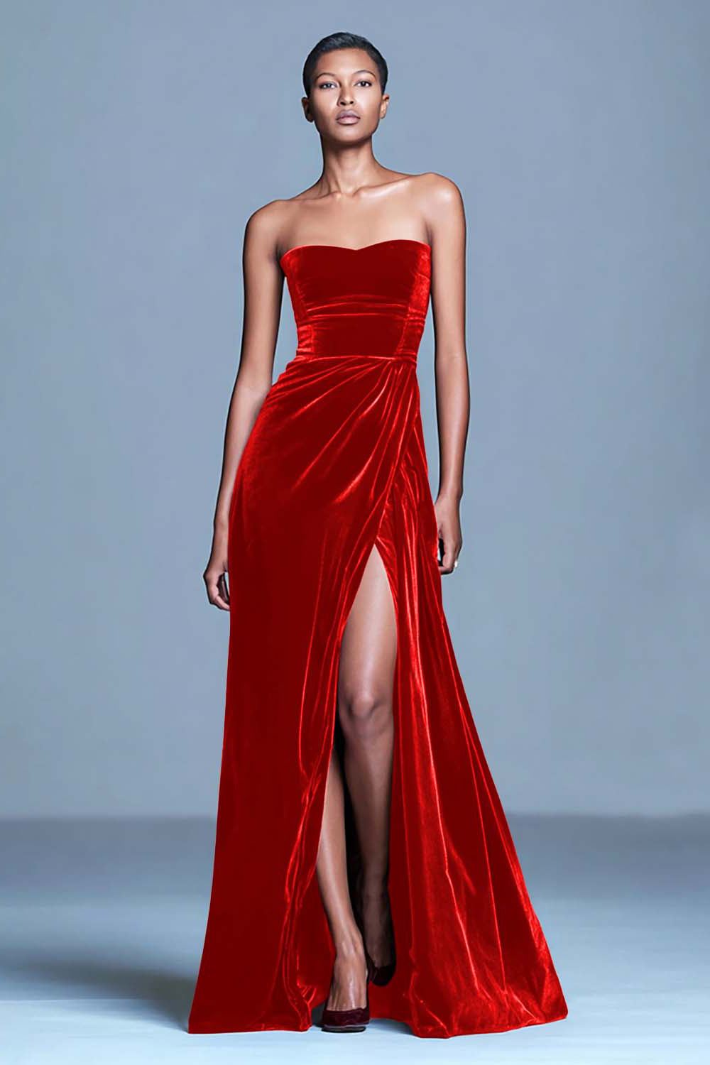 Burgundy Strapless Velvet A Line Formal Dress with Slit