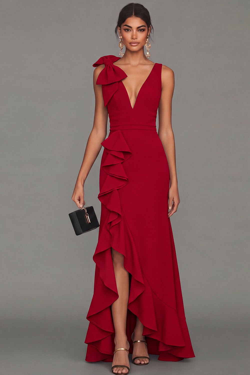 Black Bowed V Neck Maxi Formal Dress with Ruffles