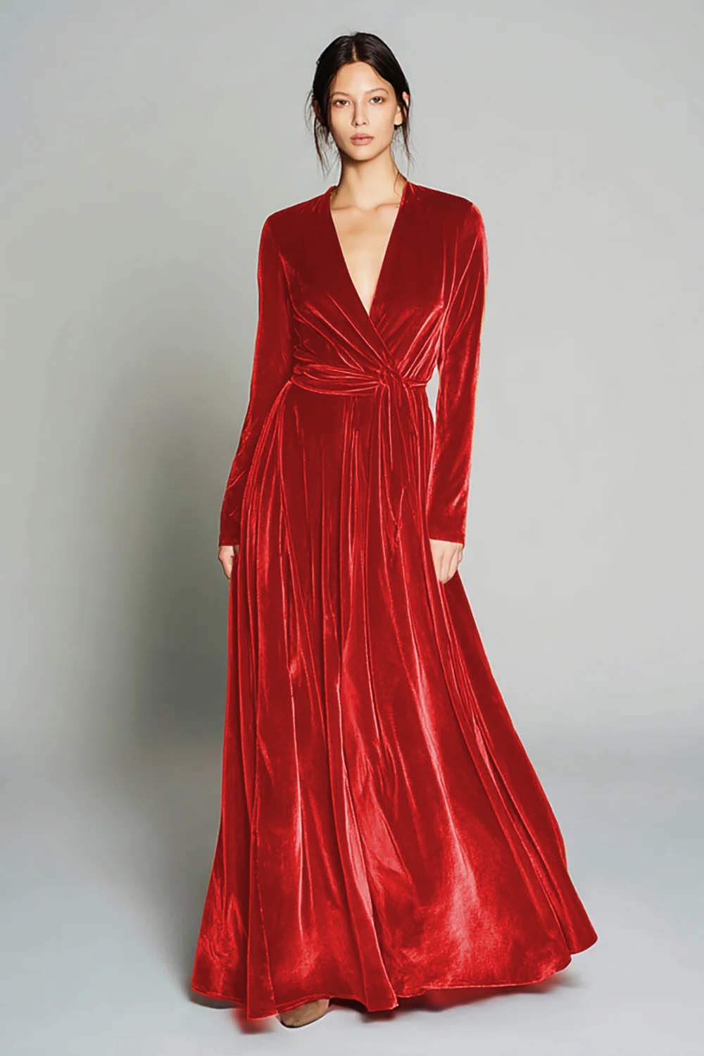 Brown Velvet A-Line V-Neck Long Sleeve Holiday Dress