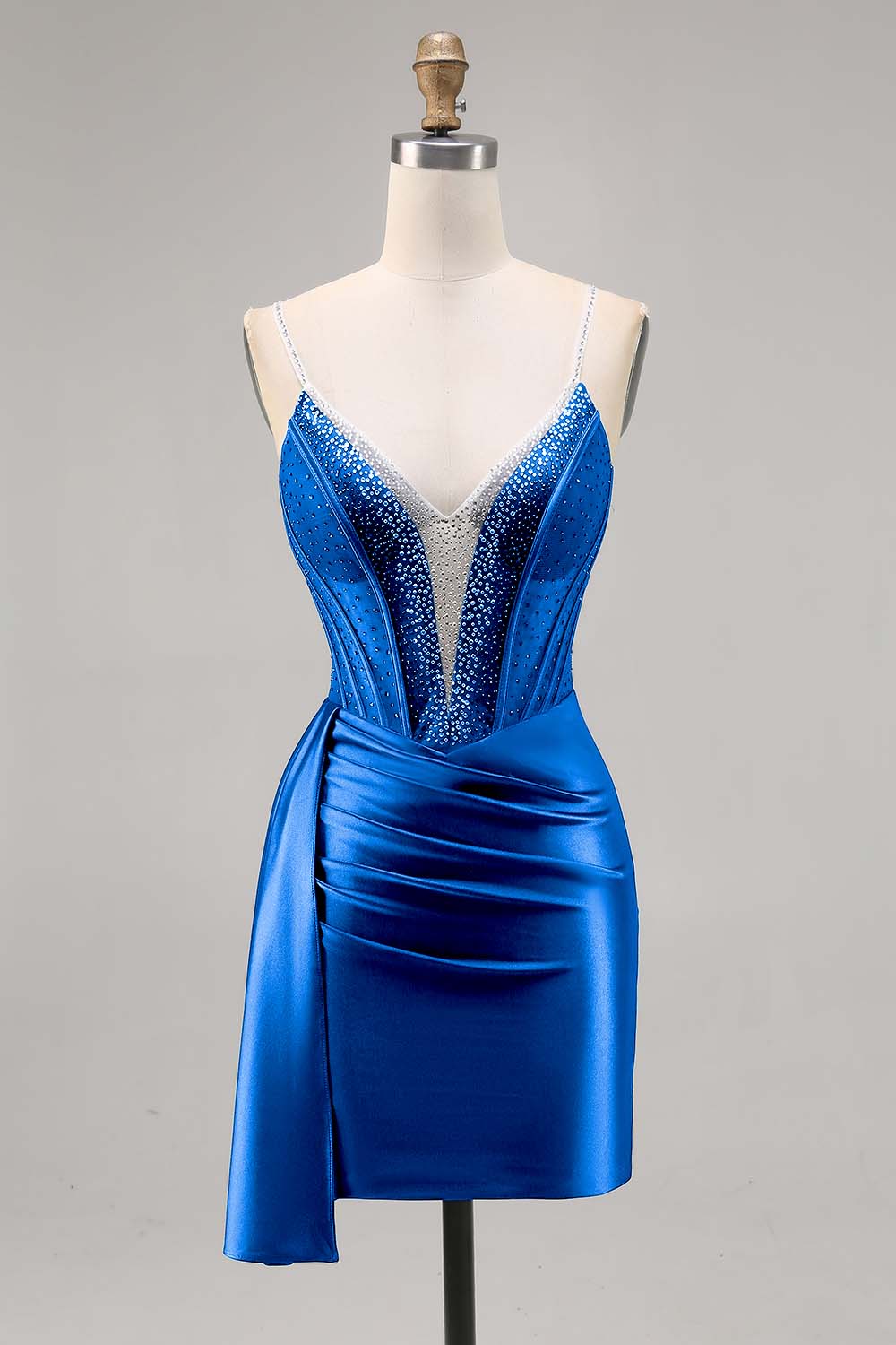 Navy Satin Beaded Corset Homecoming Dress