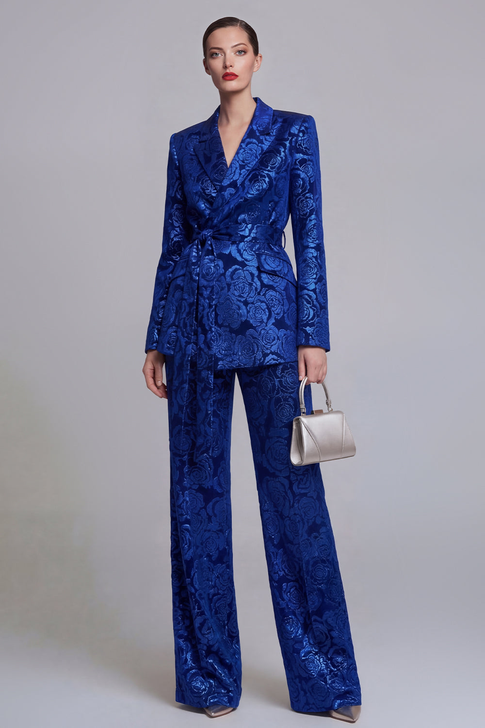 Jacquard Dark Green Notched Lapel 2 Piece Women Suits with Belt