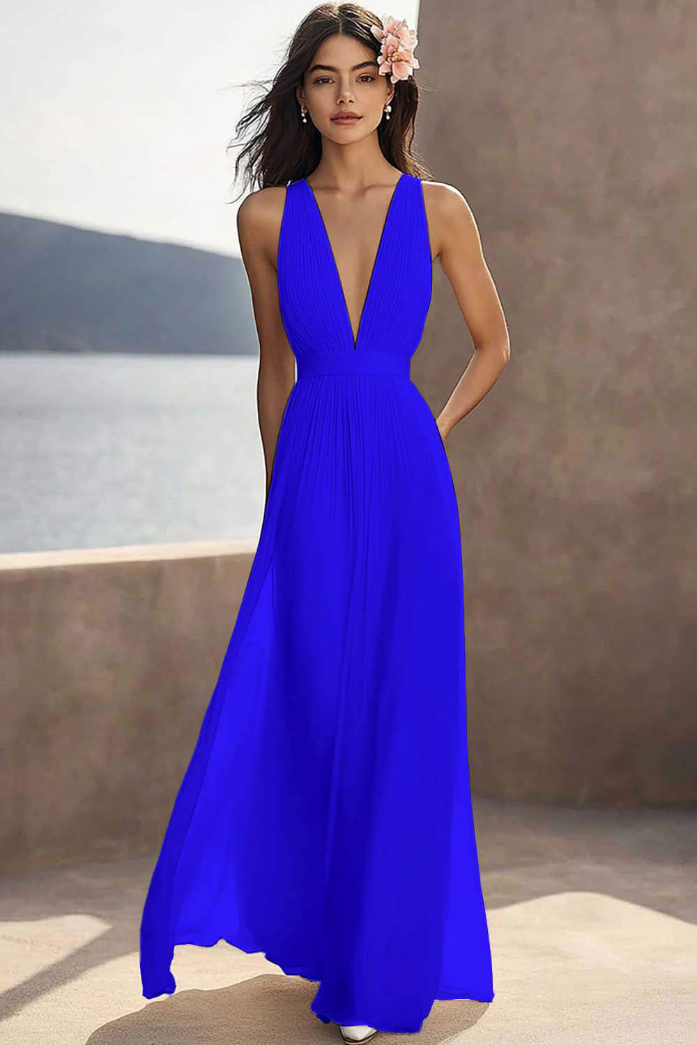 A Line Ivory V-Neck Long Engagement Dress