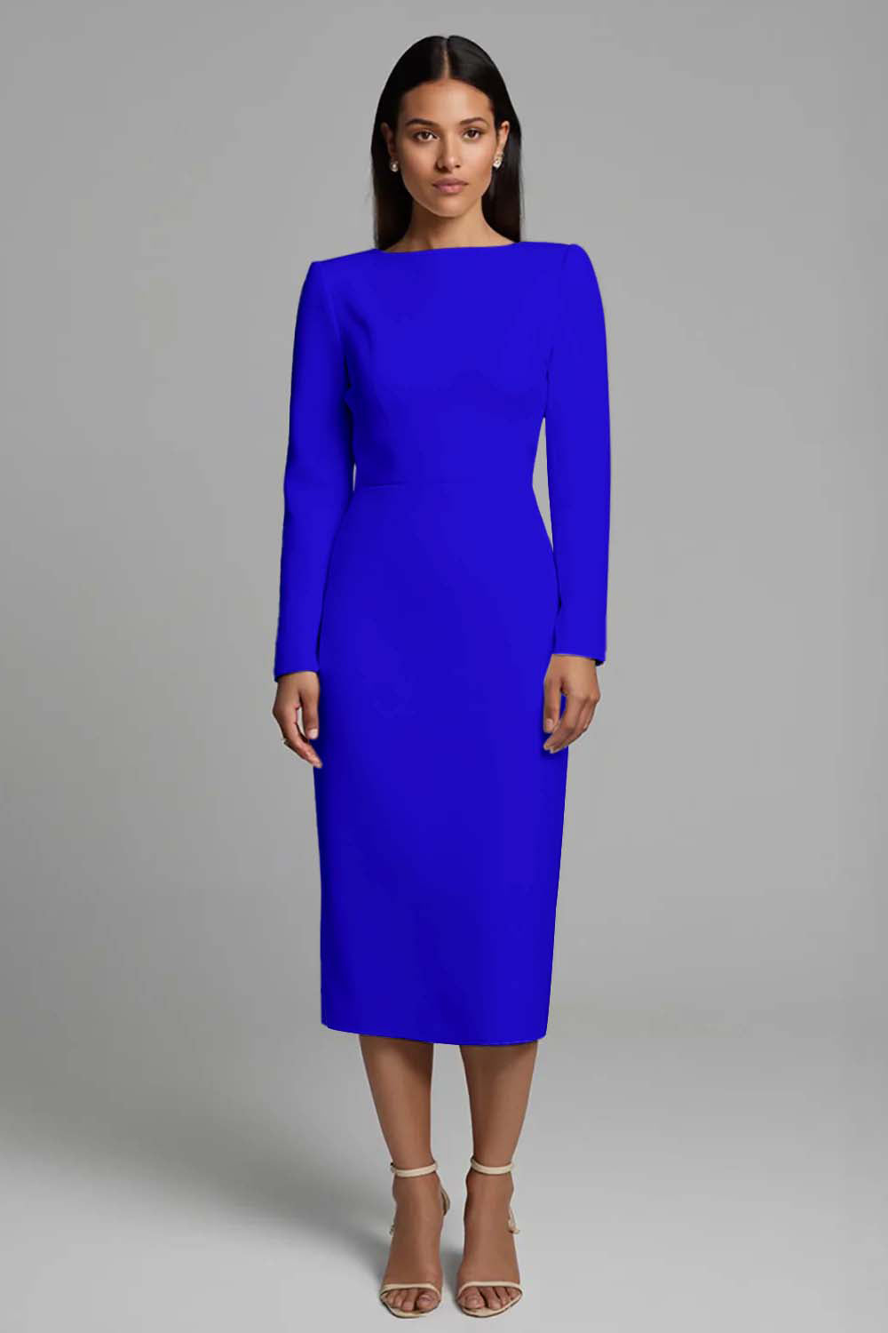 Ivory Sheath Long Sleeve Midi Work Dress with Slit