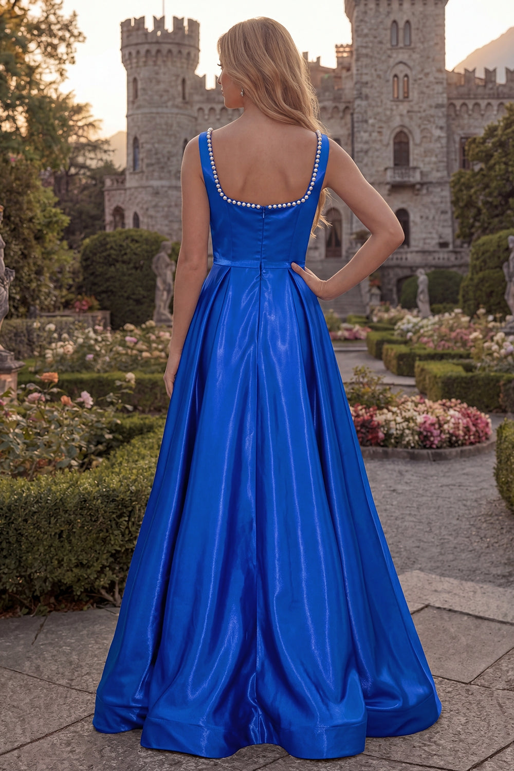 Blush A Line Square Neck Satin Prom Dress with Pearls