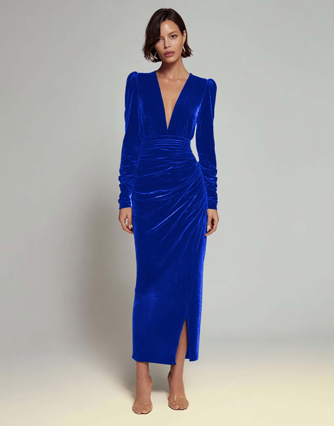 Olive Ruched Sheath Long Sleeve Velvet Formal Dress with Slit