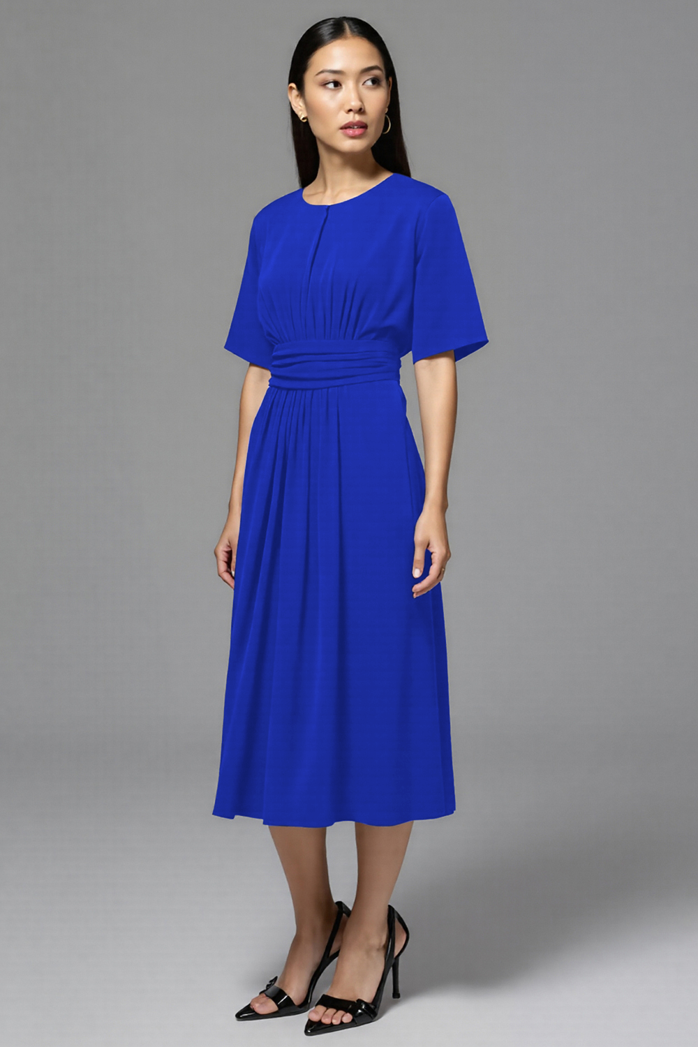 Navy A Line Round Neck Midi Work Dress