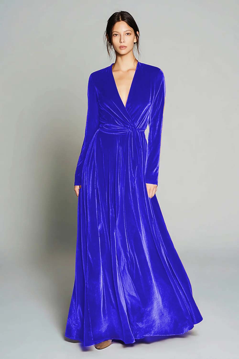 Brown Velvet A-Line V-Neck Long Sleeve Holiday Dress