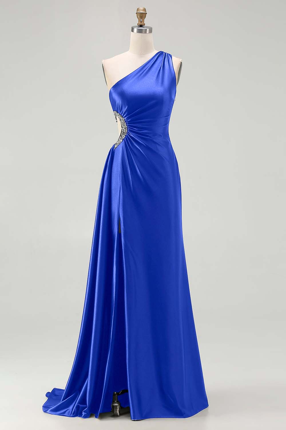 One Shoulder Cut Out Satin Black Tie Dress With Slit