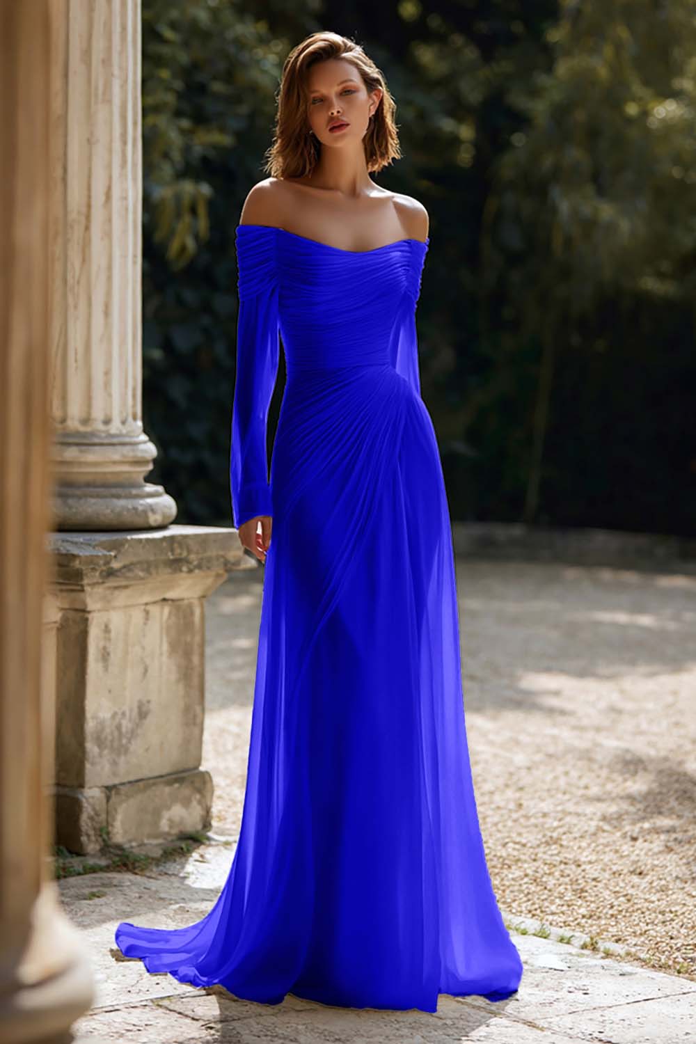 Ivory Ruched Long Sleeve Off The Shoulder Engagement Dress