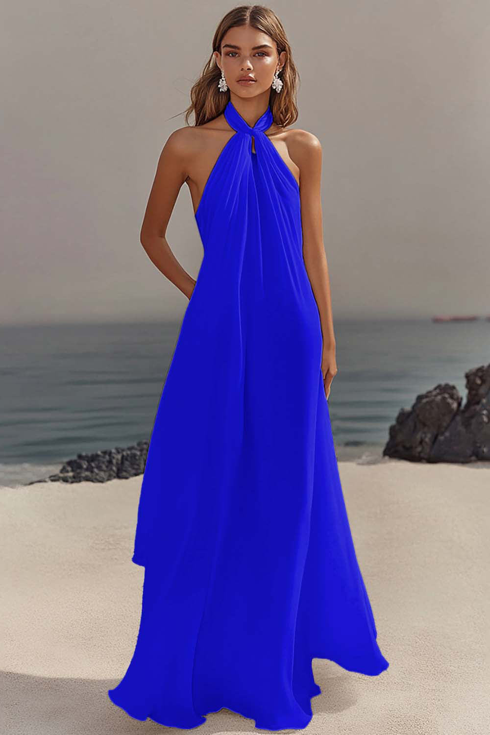 Simple White Halter A Line Chiffon Engagement Dress