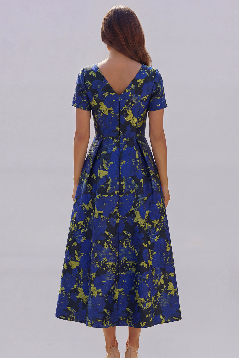 Blue White Floral A Line V Neck Midi Wedding Guest Dress