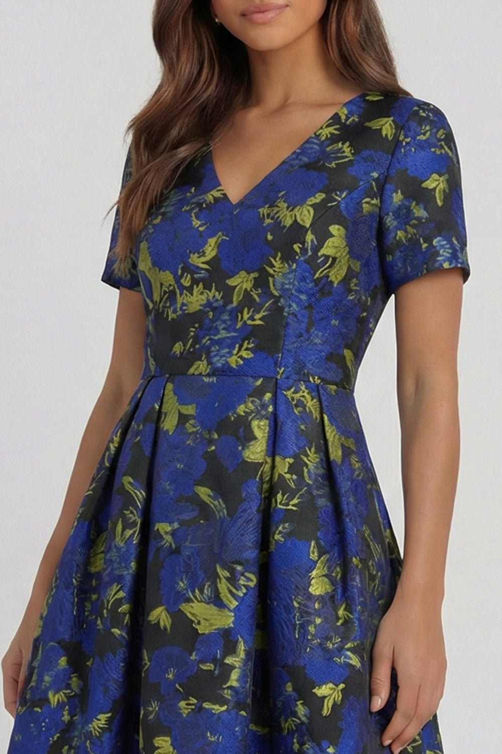 Blue White Floral A Line V Neck Midi Wedding Guest Dress