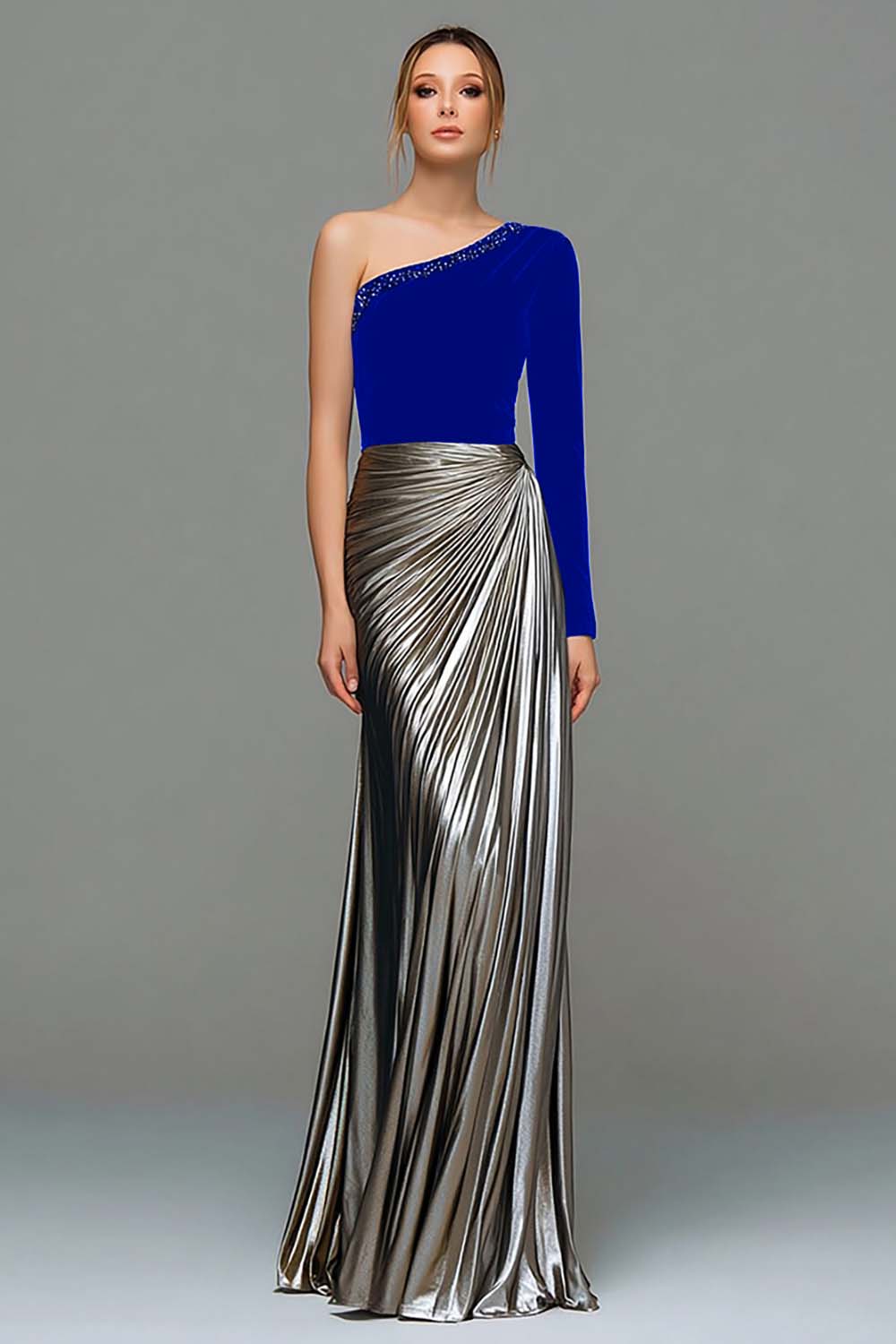 Black and Grey Asymmetrical Neck Ruched Formal Dress
