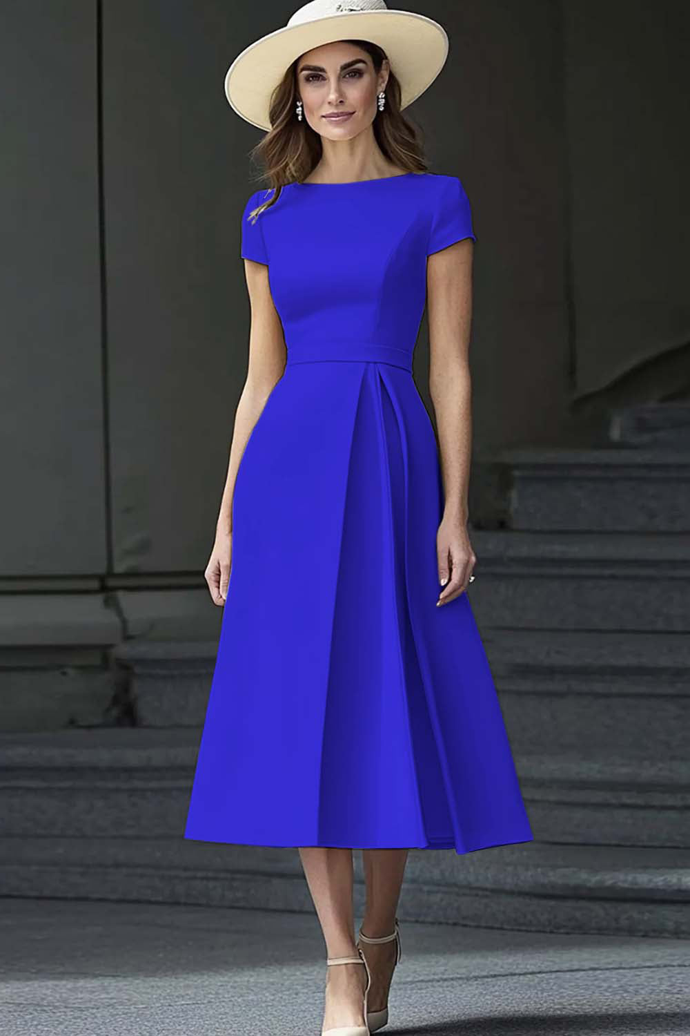 Yellow A Line Round Neck Midi Mother of the Bride Dress